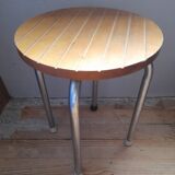 Tabouret 4 pieds tubulaire  assise bois strié, vintage
