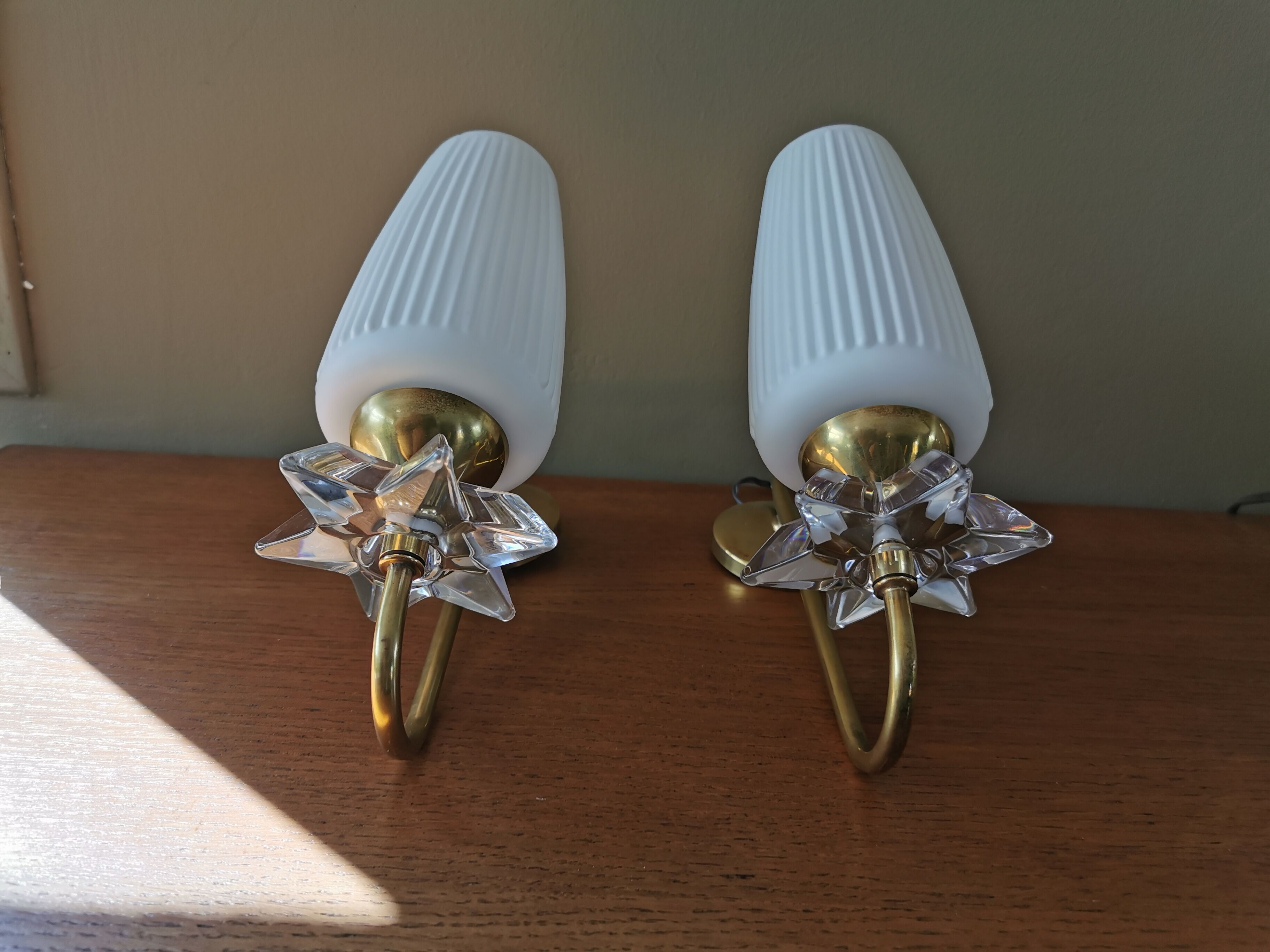 Pair of vintage brass and glass sconces