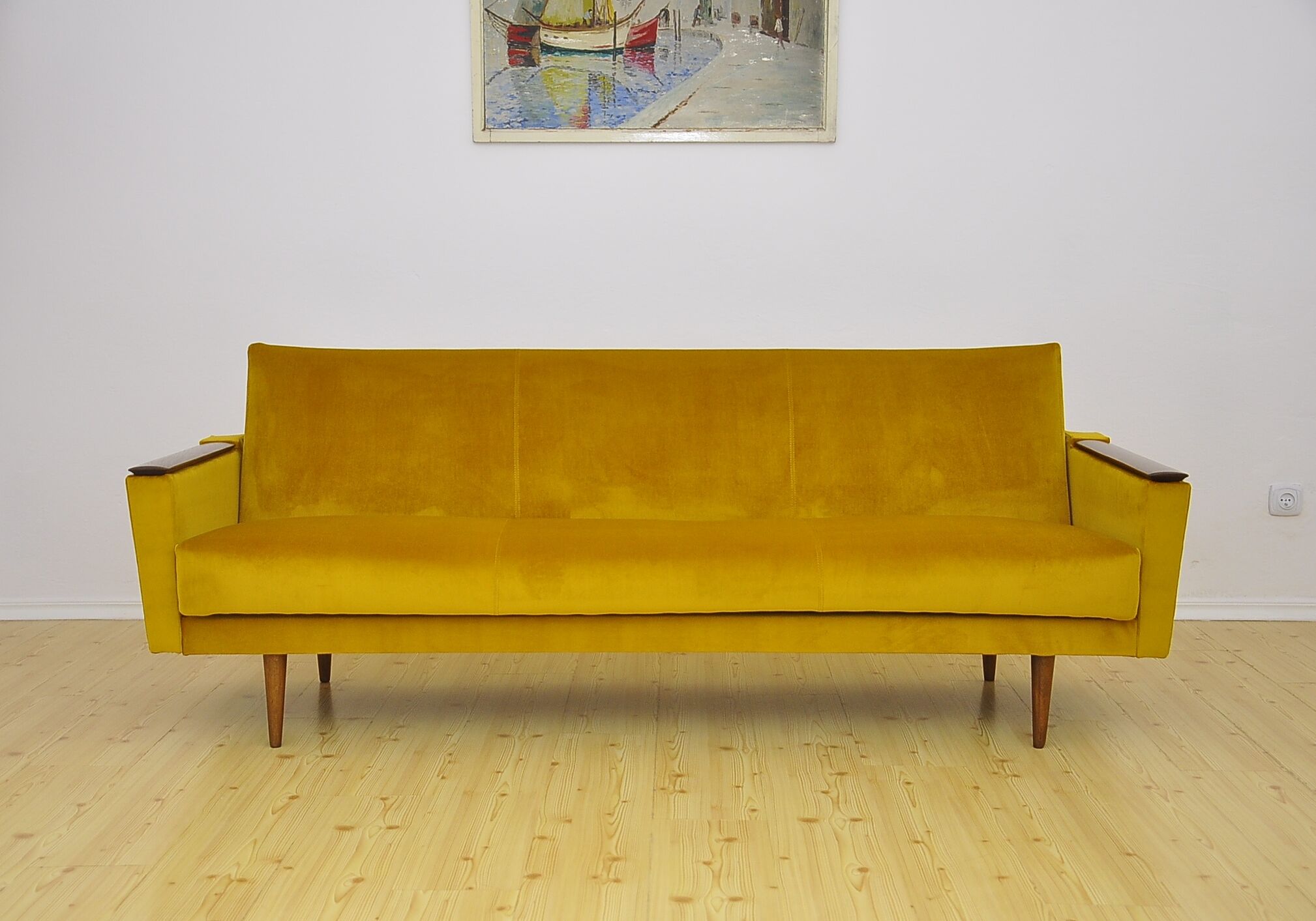 Yellow velvet sofa with fold-out function, 1960s