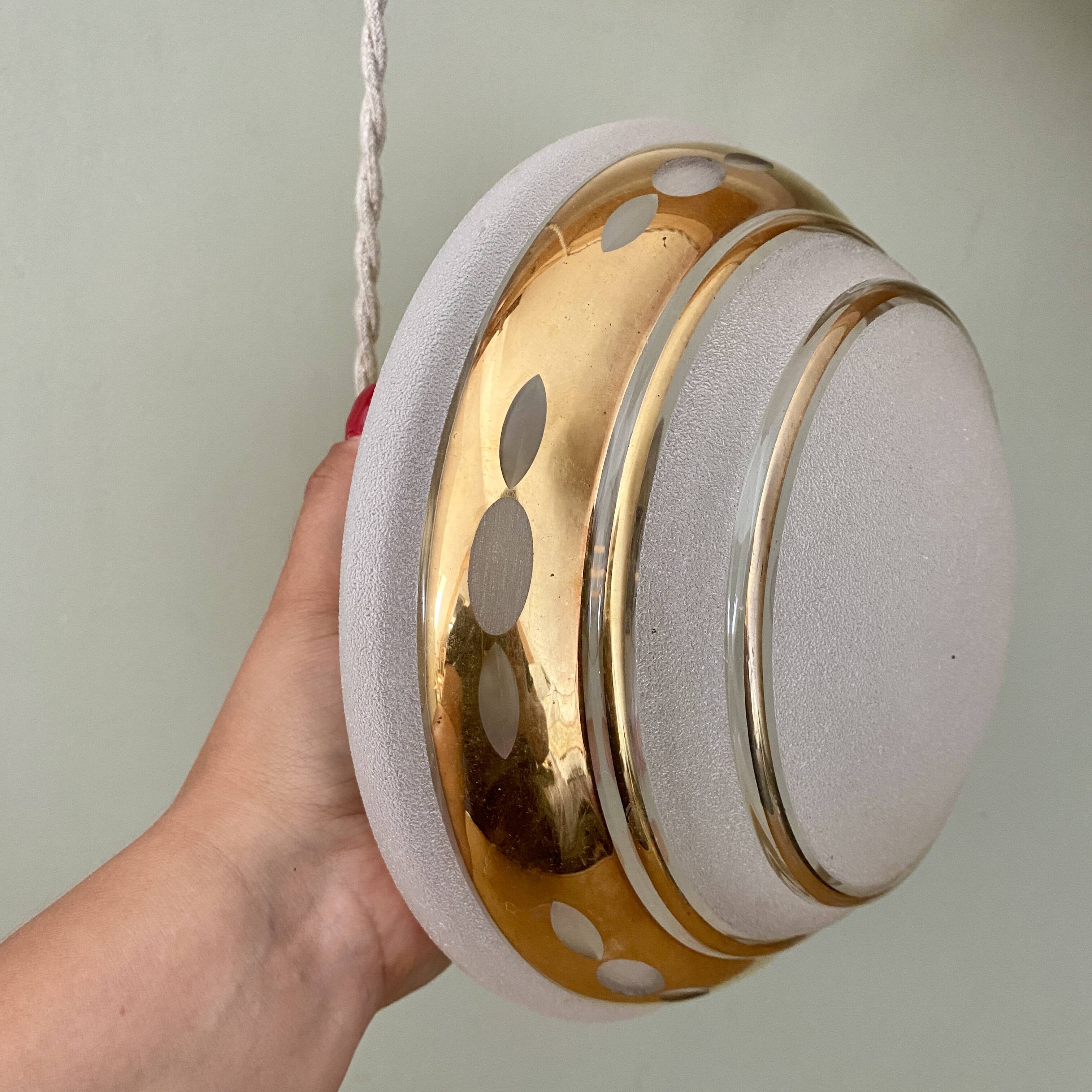 Vintage art deco globe pendant light in white and gold frosted glass