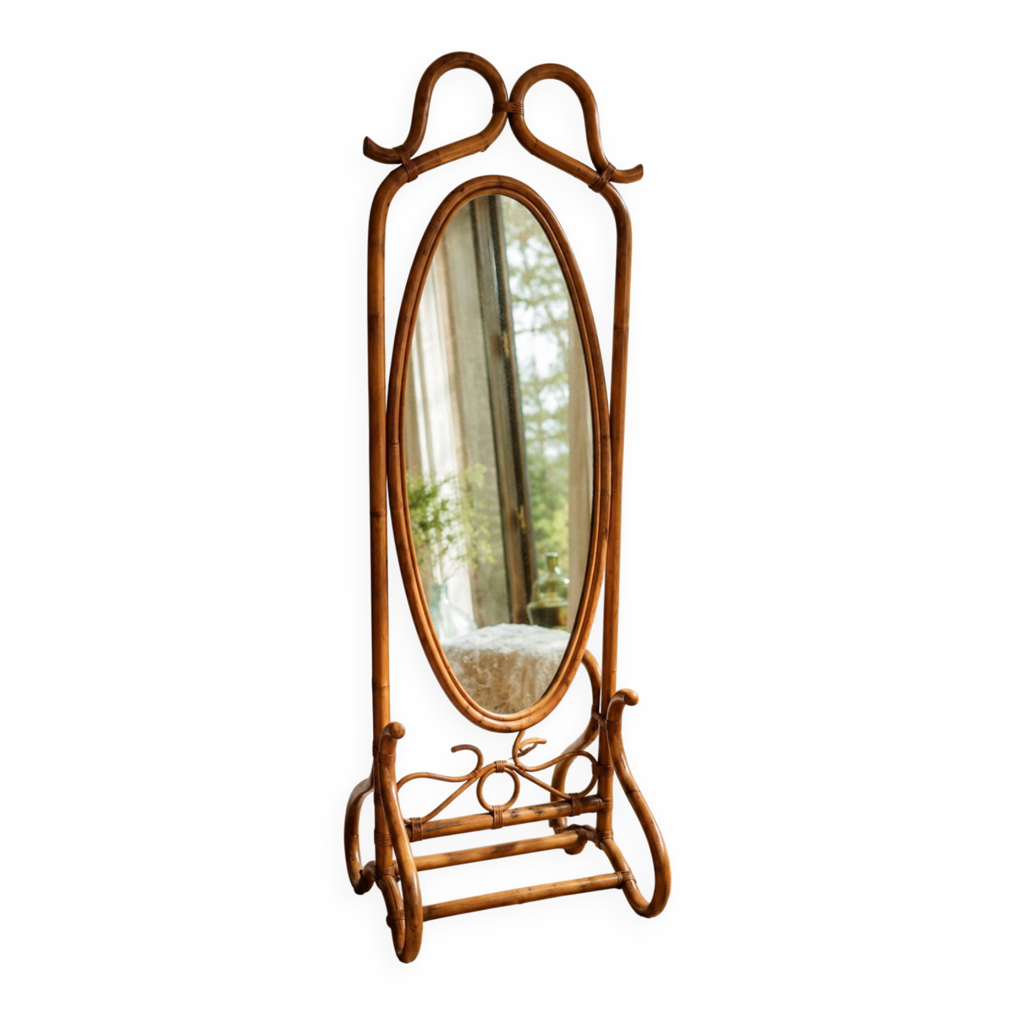 Antique curved rattan mirror – 175 cm – Art Nouveau elegance