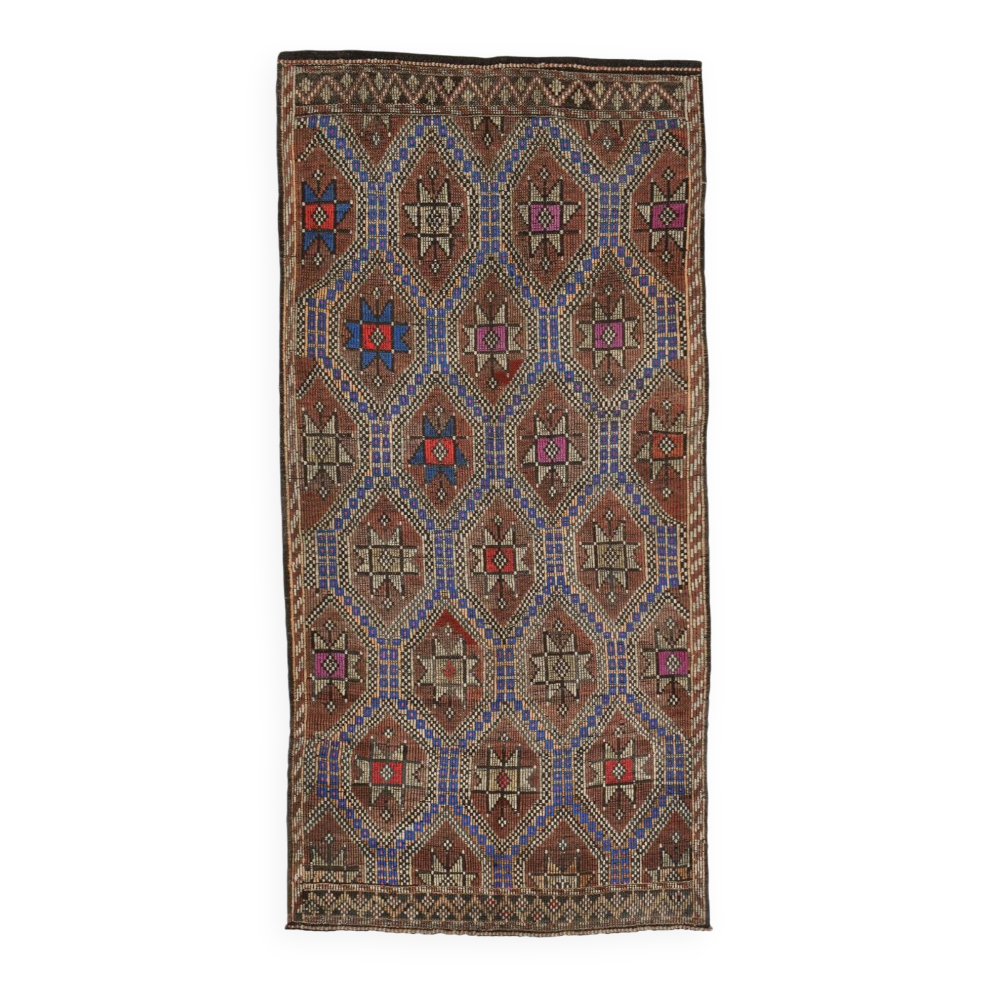 Blue & Brown Star Pattern Kilim Rug, 153x315Cm