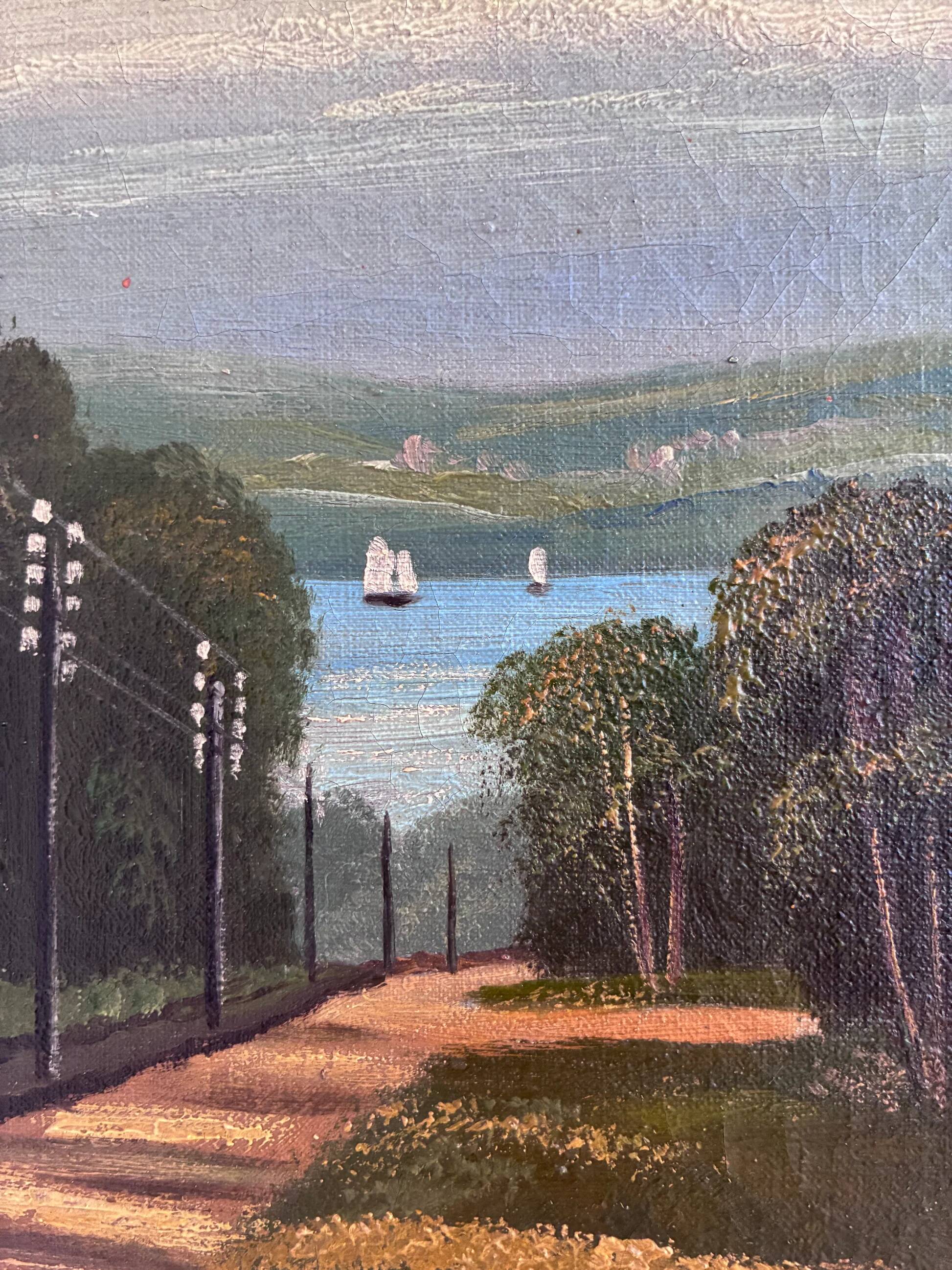Vintage original coastal landscape oil painting, signed seaside art