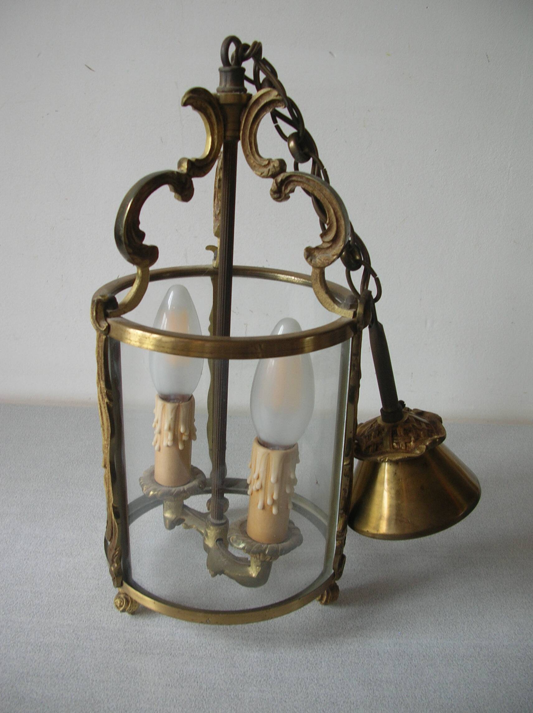 Old pendant lantern light fixture 2 lights in bronze glass decoration hall entrance