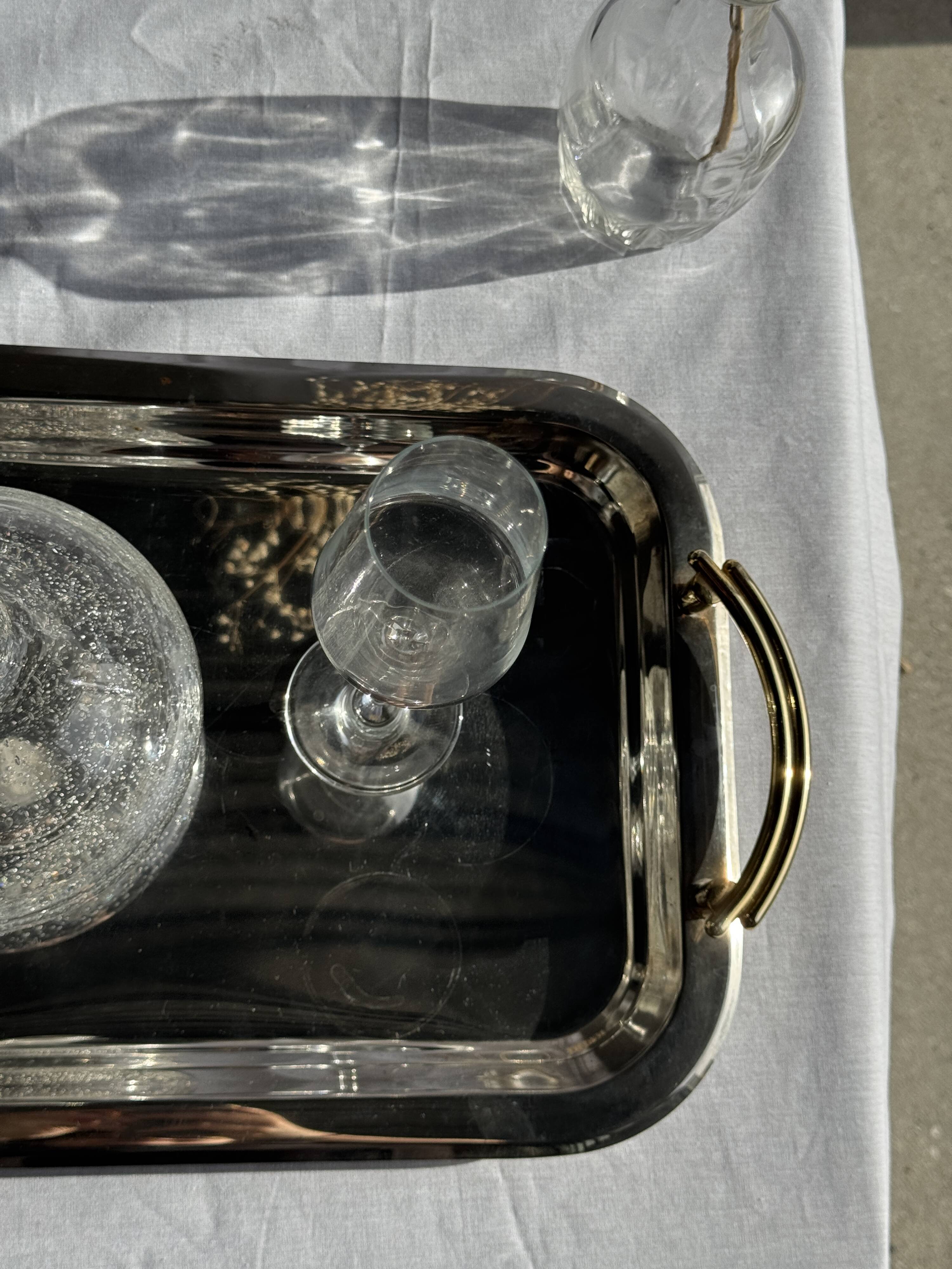 Silver-plated vintage tray with golden handles 29x45