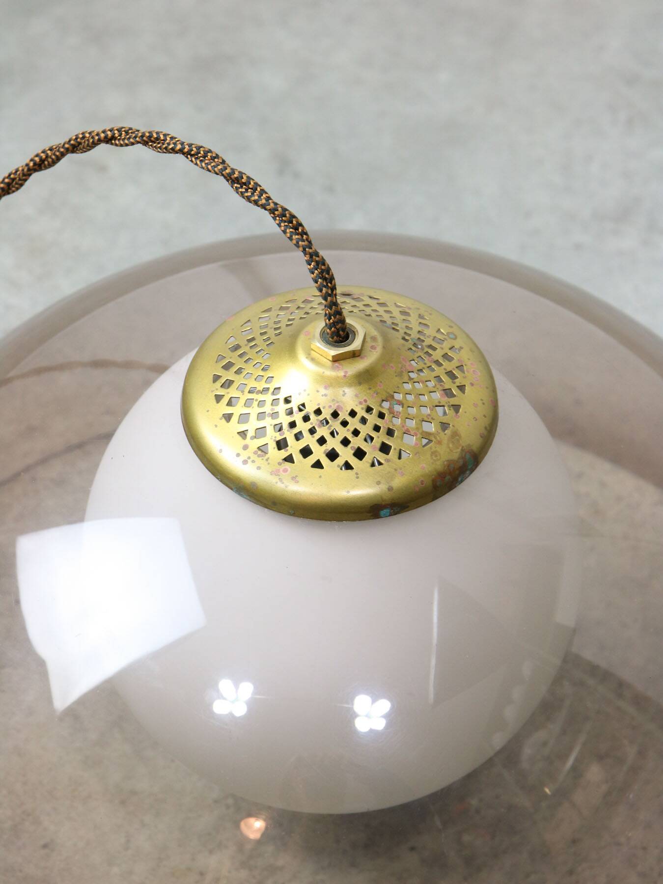 Space-age italian brass, opaline and plexiglass pendant lamp