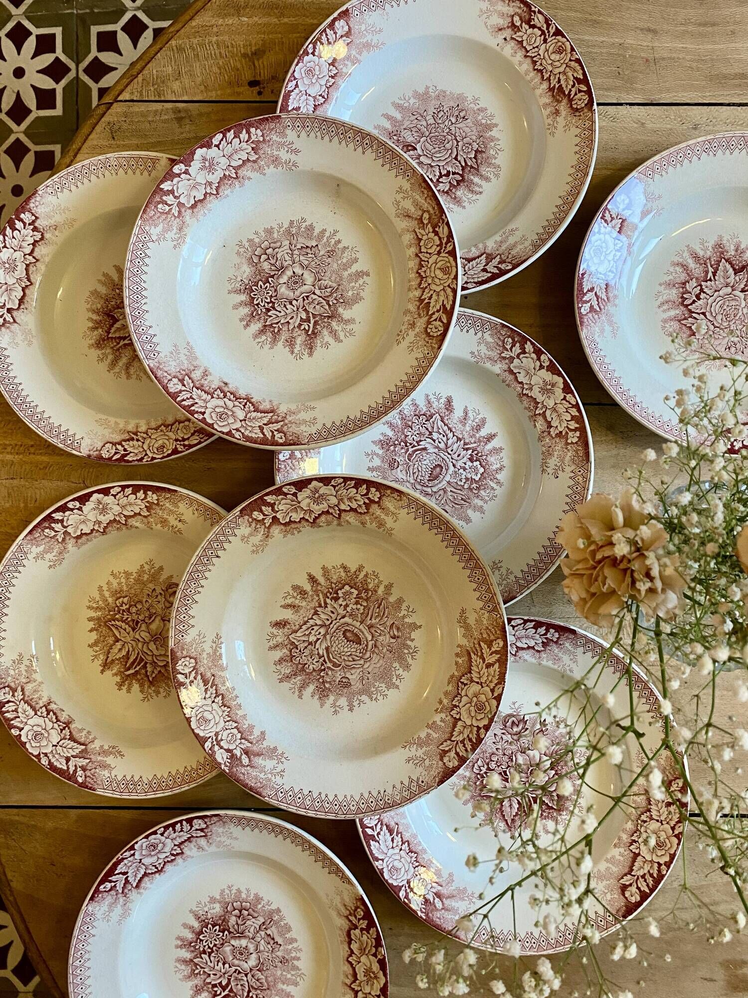 Set of 9 old ironstone hollow plates - Jardinière de Saint Amand
