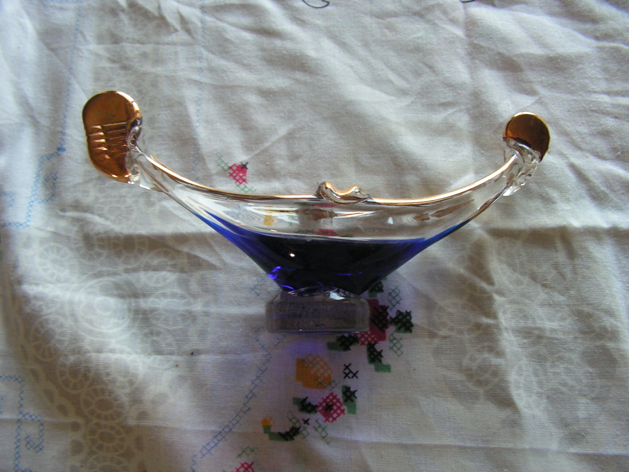 Blue glass and gold Murano canoe ashtray
