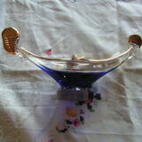 Blue glass and gold Murano canoe ashtray