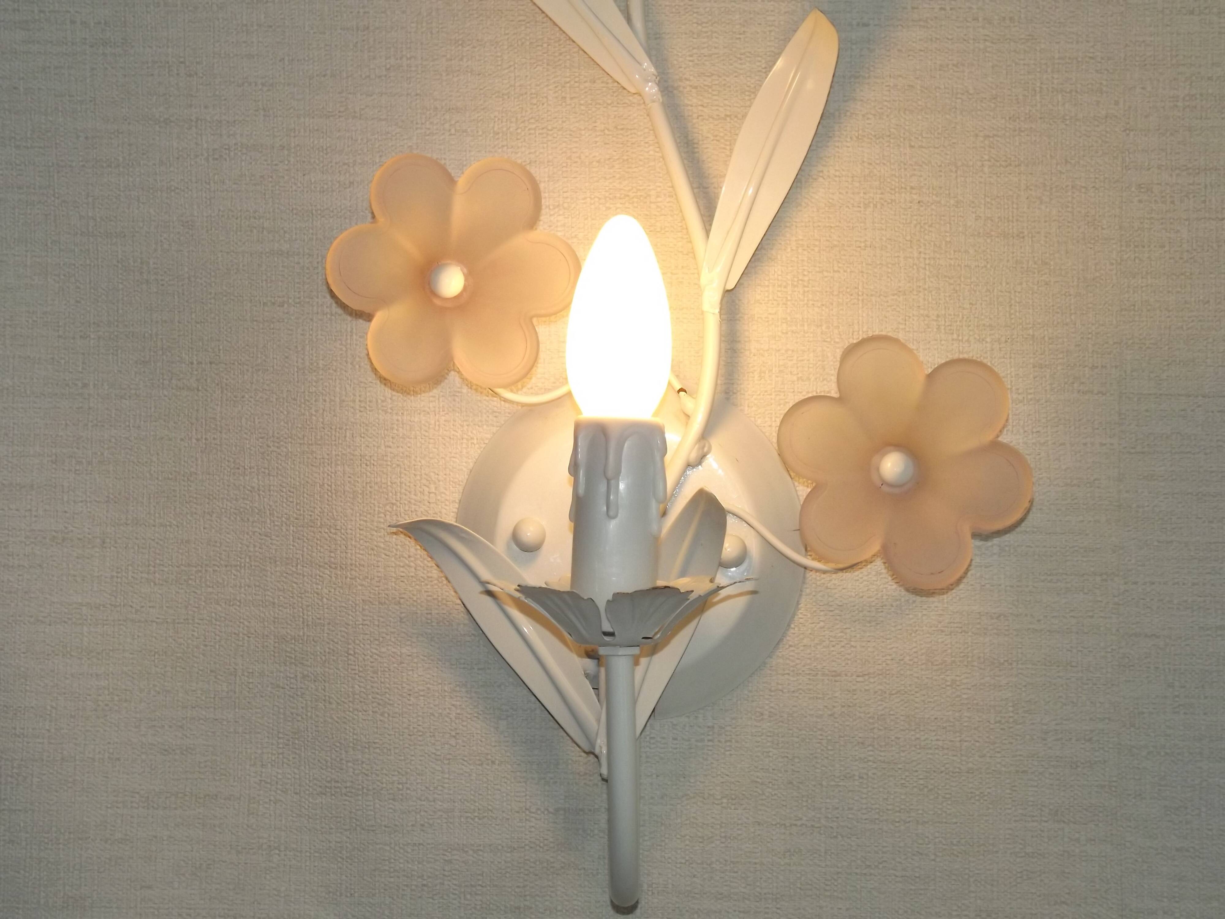 French vintage white metal double wall light with pink glass flowers 5438.