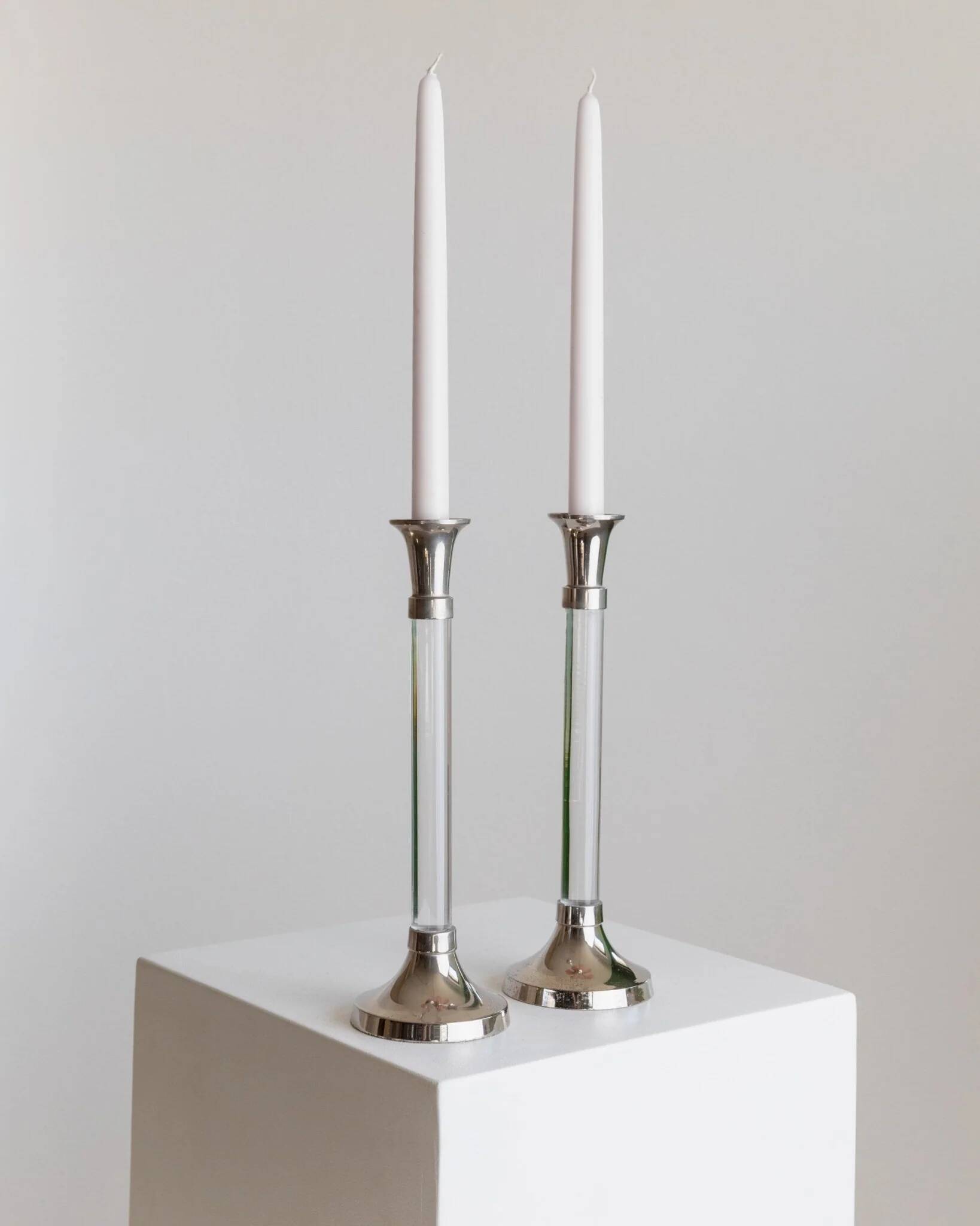 Set of 2 vintage candle holders - acrylic glass and chrome metal, classic design - Italy 1970s - Mid-Century candle holders, gift idea