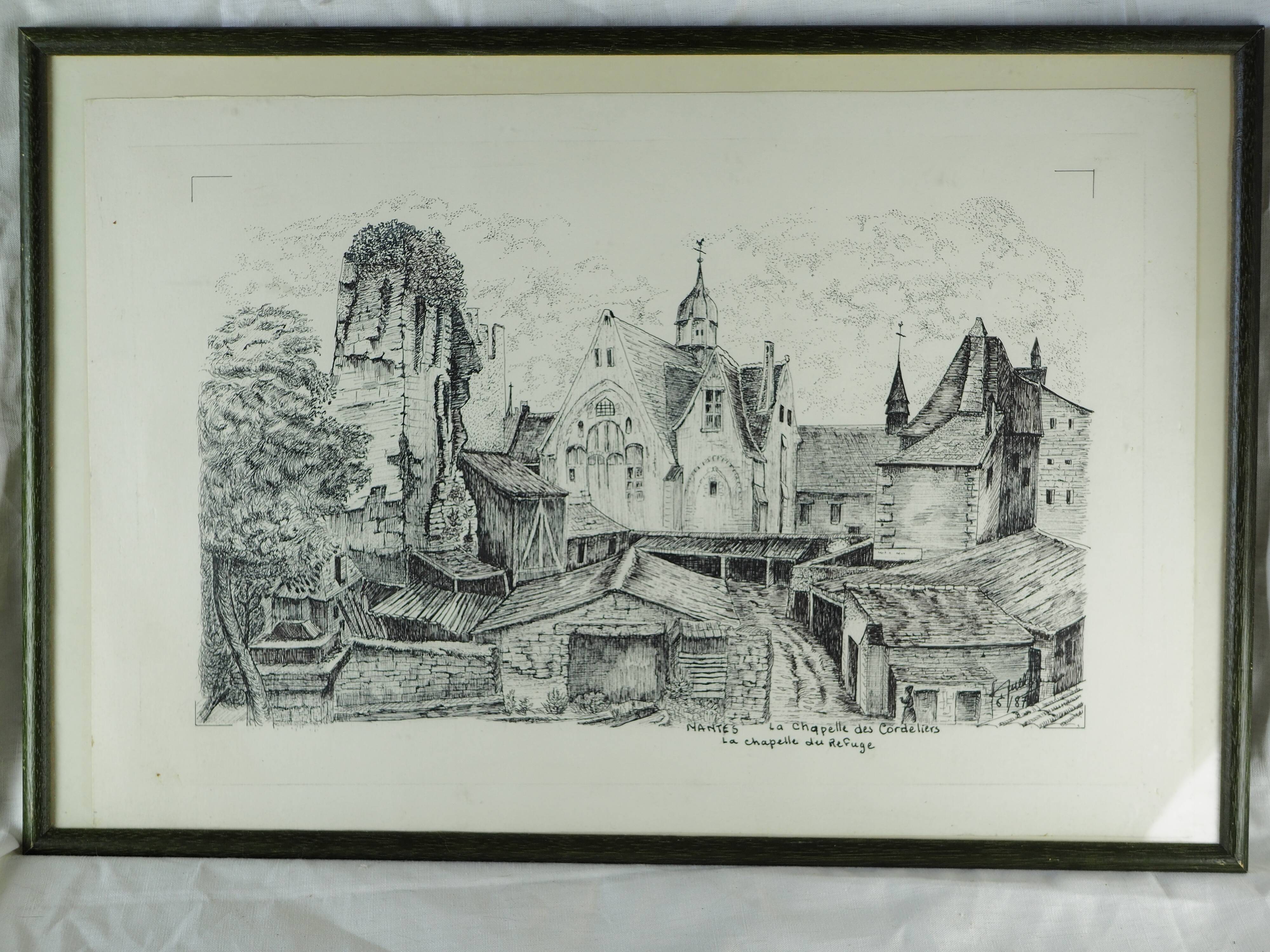 Original drawing of Nantes, rue des Cordeliers et du Refuge - ink on paper - 1987