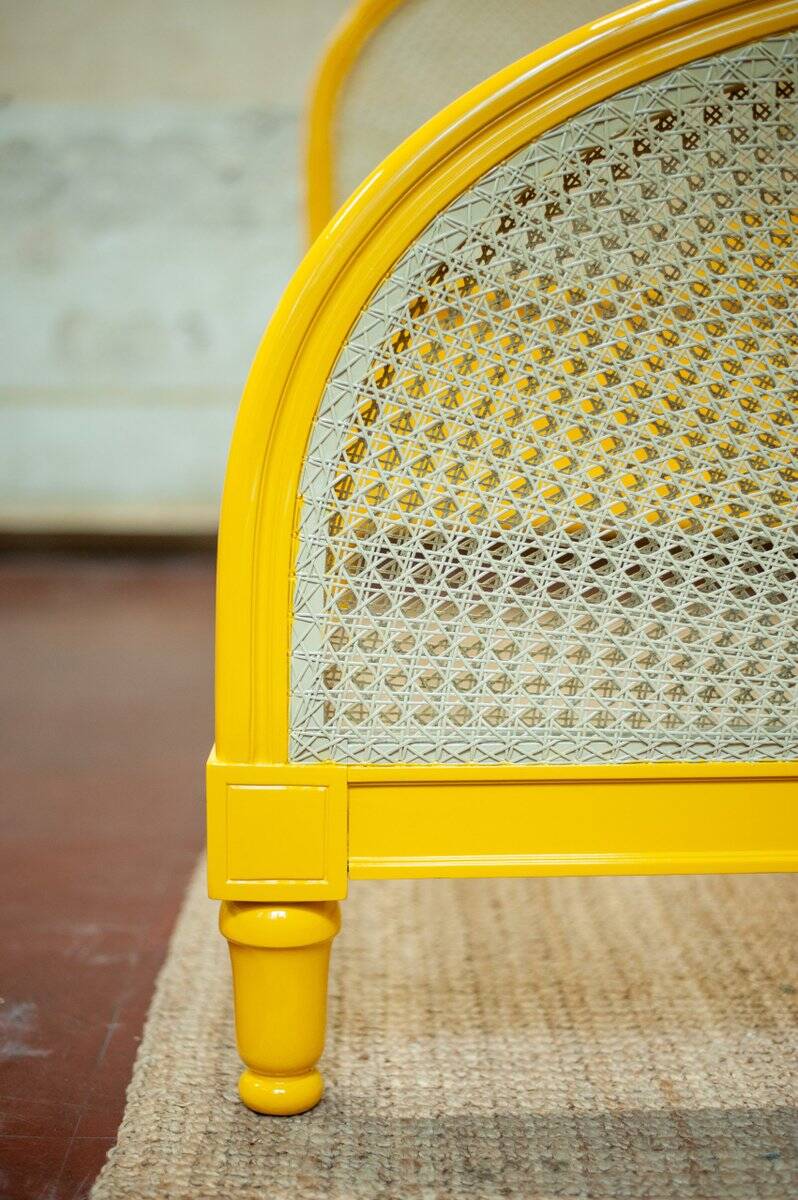 Yellow lacquered wooden bed with Vienna straw, 1980s