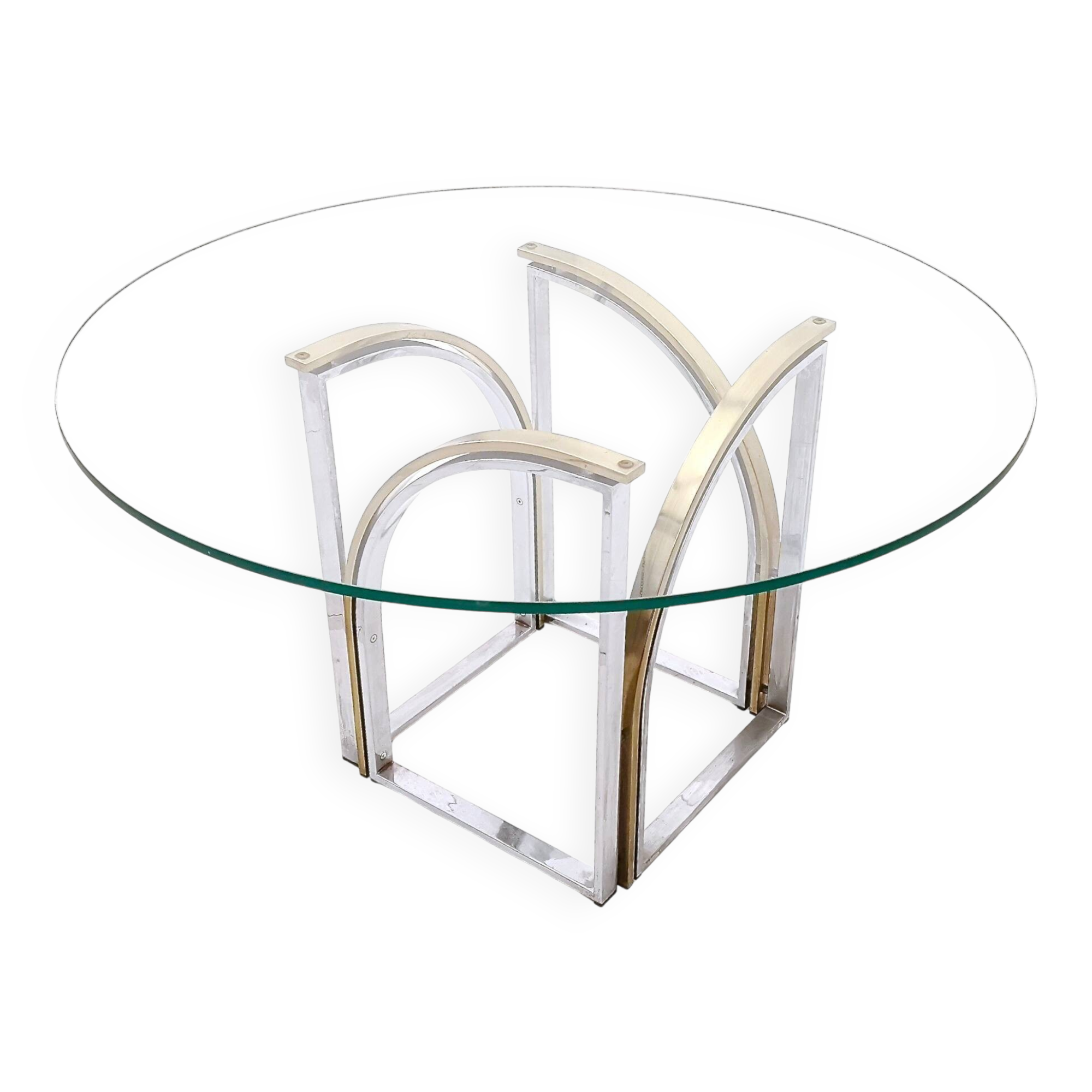 Round Brass and Steel Dining Table by Romeo Rega with Glass Top
