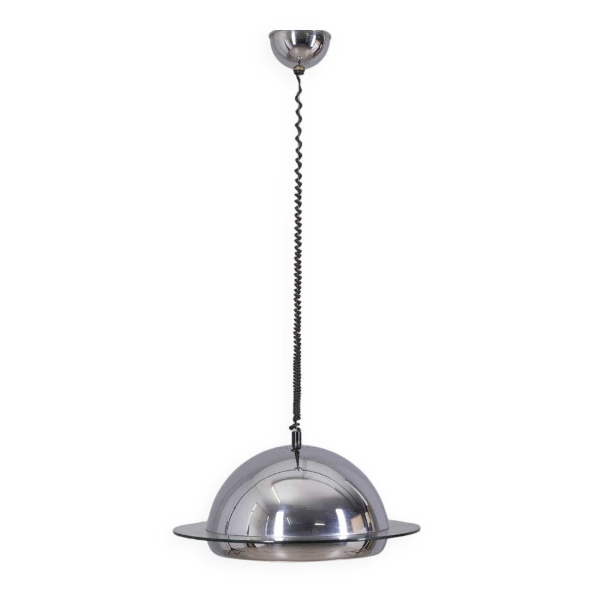 VINTAGE 1970S CHANDELIER IN CHROME-PLATED METAL AND GLASS, ITALIAN DESIGN