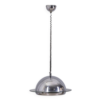 VINTAGE 1970S CHANDELIER IN CHROME-PLATED METAL AND GLASS, ITALIAN DESIGN