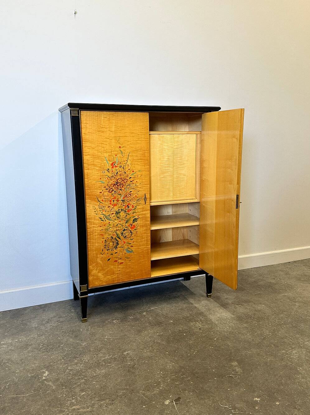 Exquisite 1950s neoclassical sycamore secretaire by Frères De Coene, Belgium.
