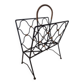 Porte revue fer forgé et rotin design attribué à Jacques Adnet