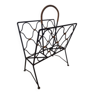 Wrought iron and rattan magazine rack designed by Jacques Adnet.