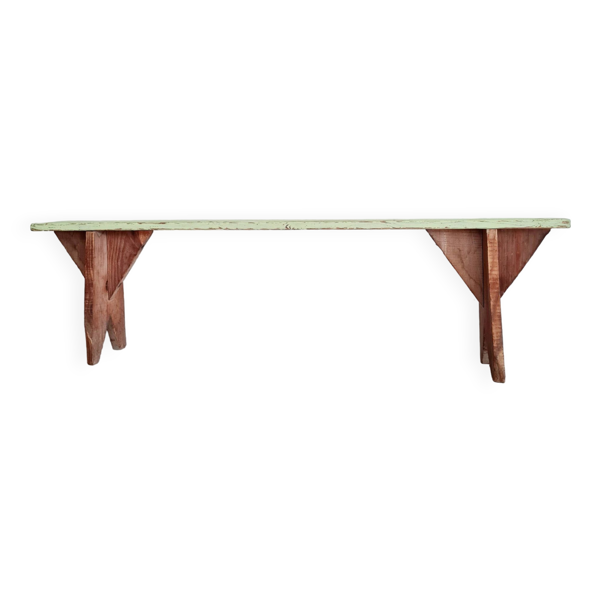 Banc de ferme ancien en bois assise verte patinée