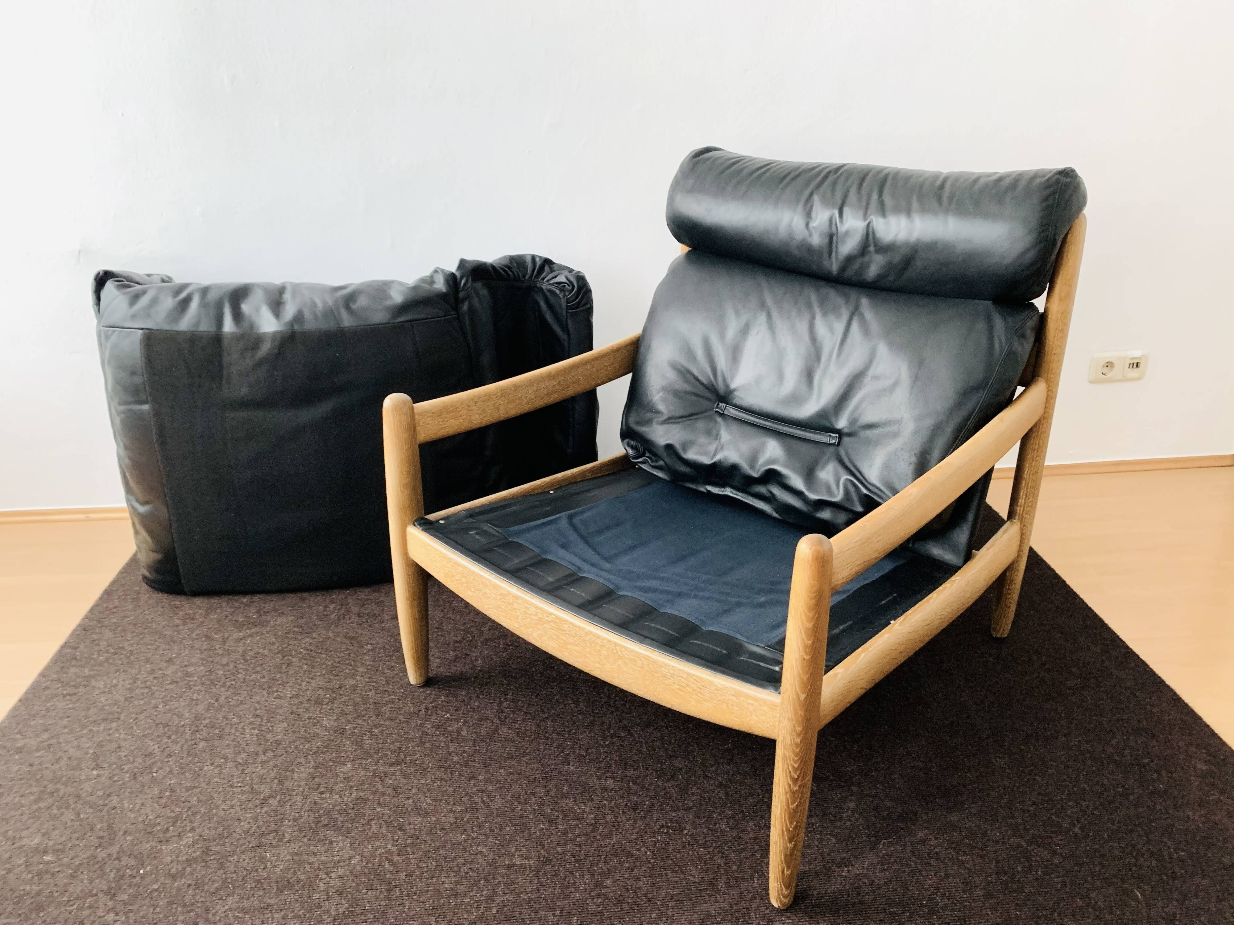 Danish Oak and Leather Lounge Chair with Ottoman