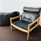 Danish Oak and Leather Lounge Chair with Ottoman