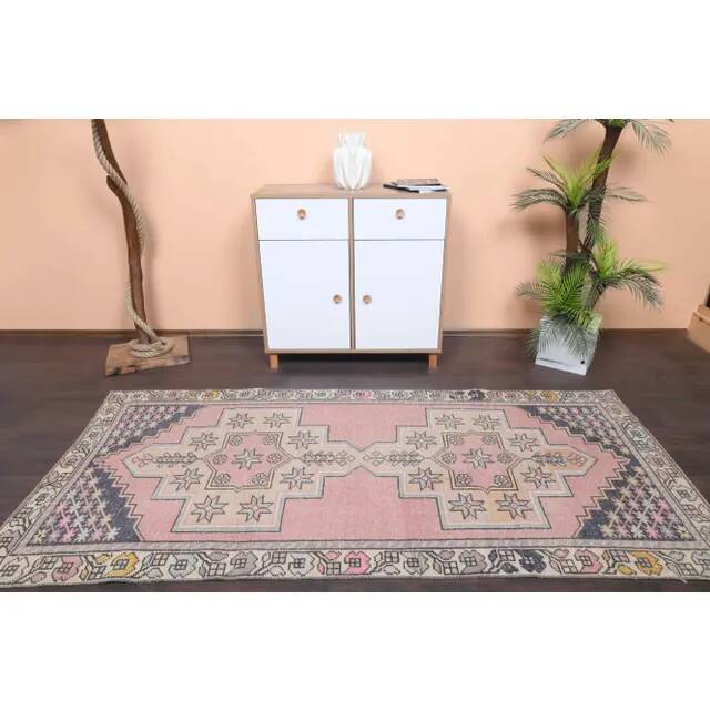 Vintage Turkish Oushak handmade wool cotton pink runner rug 117x254