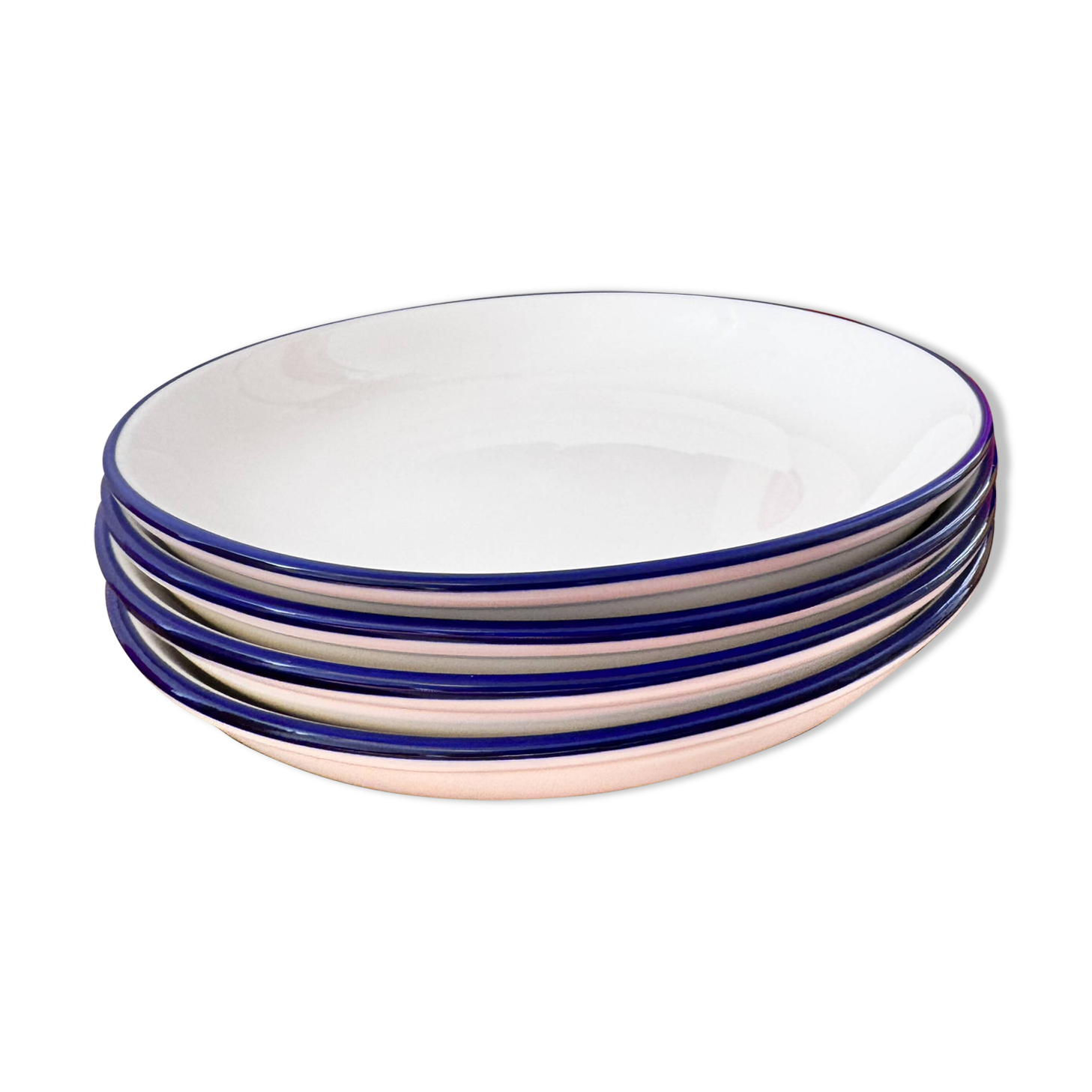 Set of 4 Deep Dessert Plates – White & Blue Rim