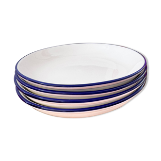 Lot de 4 Assiettes à dessert creuses – Blanc & contour bleu