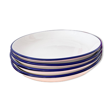Set of 4 Deep Dessert Plates – White & Blue Rim