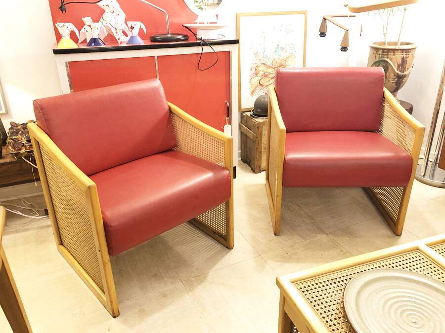 Pair of vintage wooden and caned armchairs – 1980