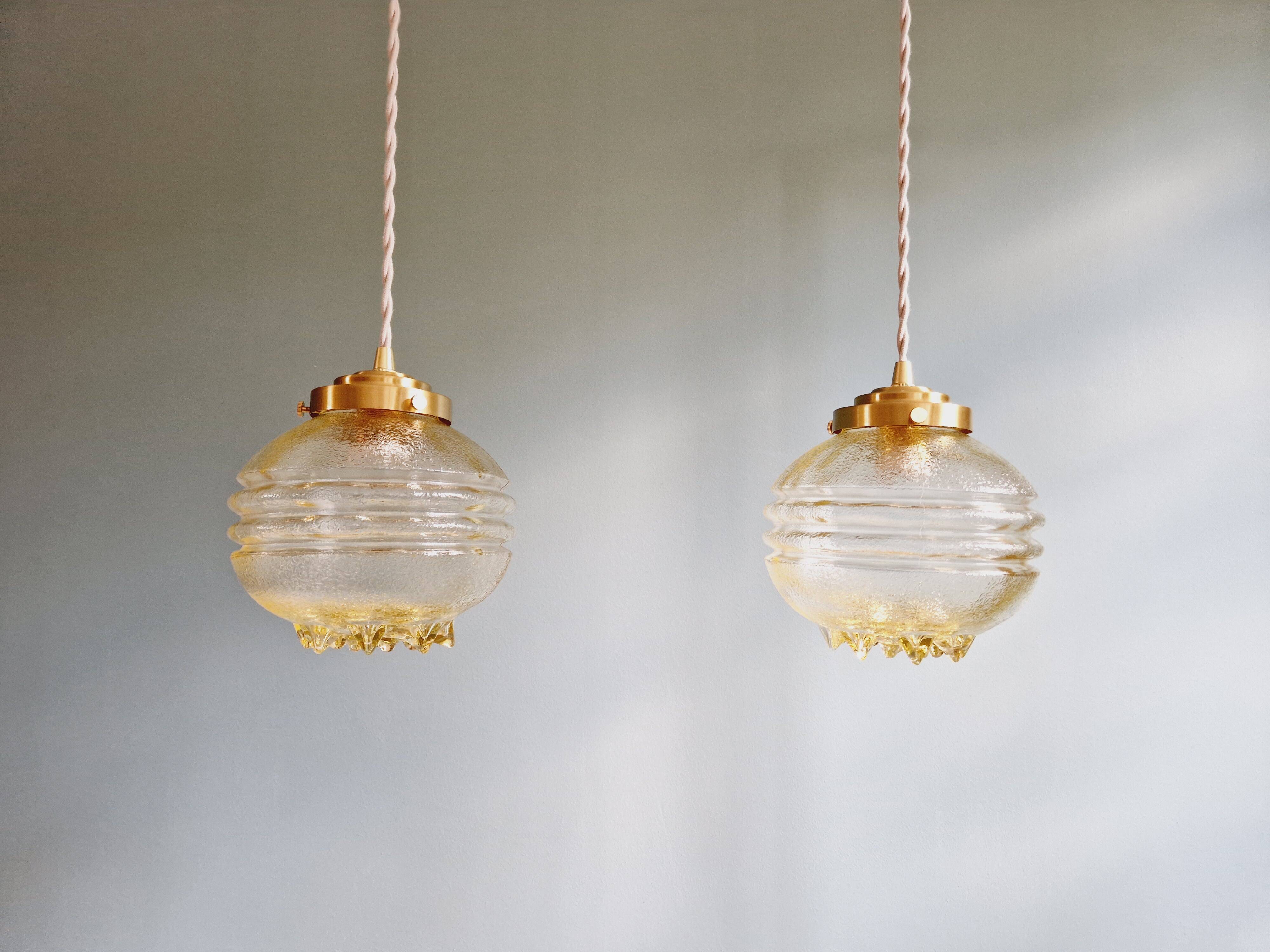 Pair of Space Age Pendant Lights in Yellow Clear Glass, 1960s-70s