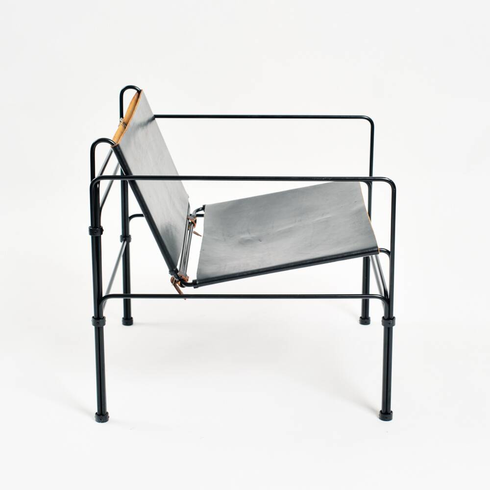 Black modernist design lounge set by Jan van Opzeeland in leather and steel bar, Netherlands, 1980s