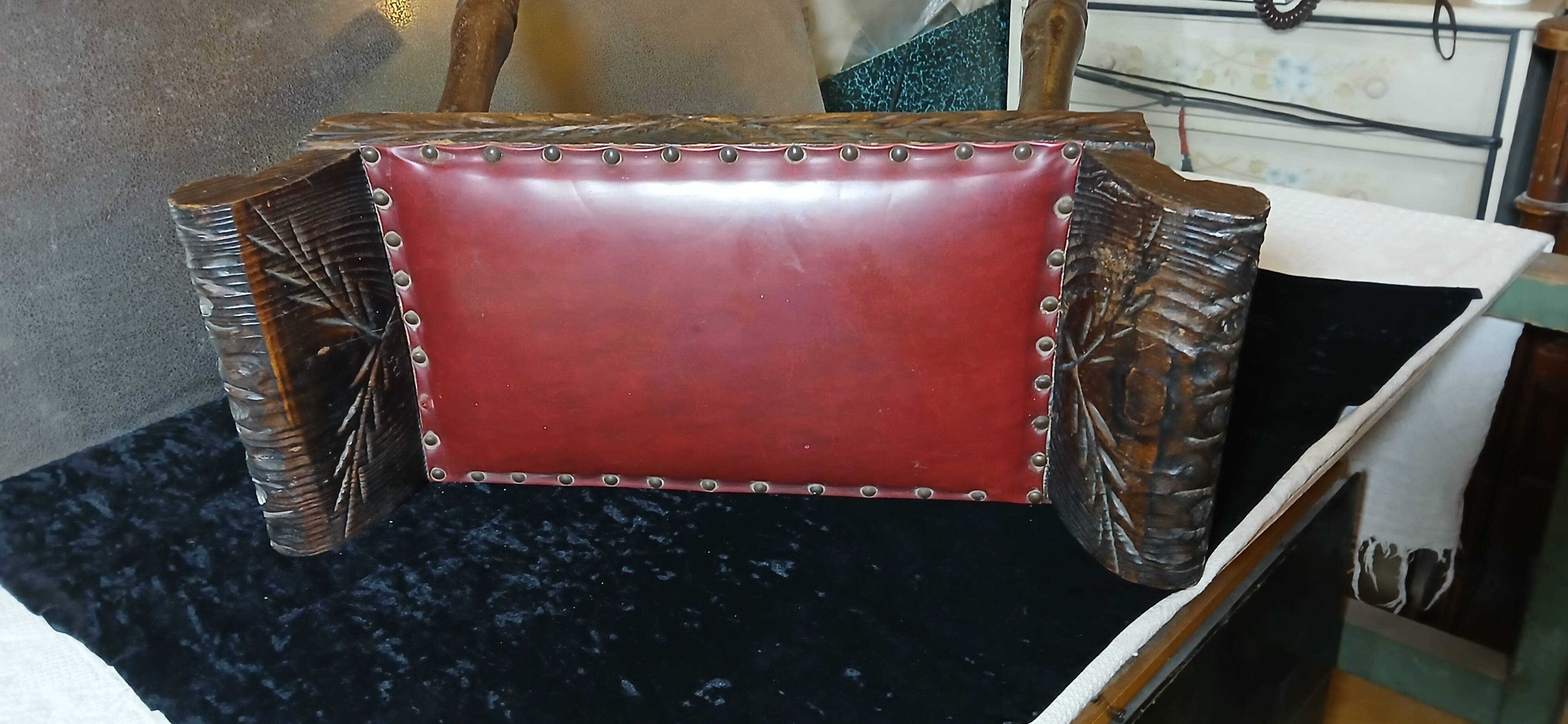 Carved wood and faux leather bench or vintage spanish ottoman footstool