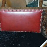 Carved wood and faux leather bench or vintage spanish ottoman footstool