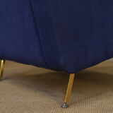 Pair of armchairs and ottoman vintage 1950 in blue velour and brass
