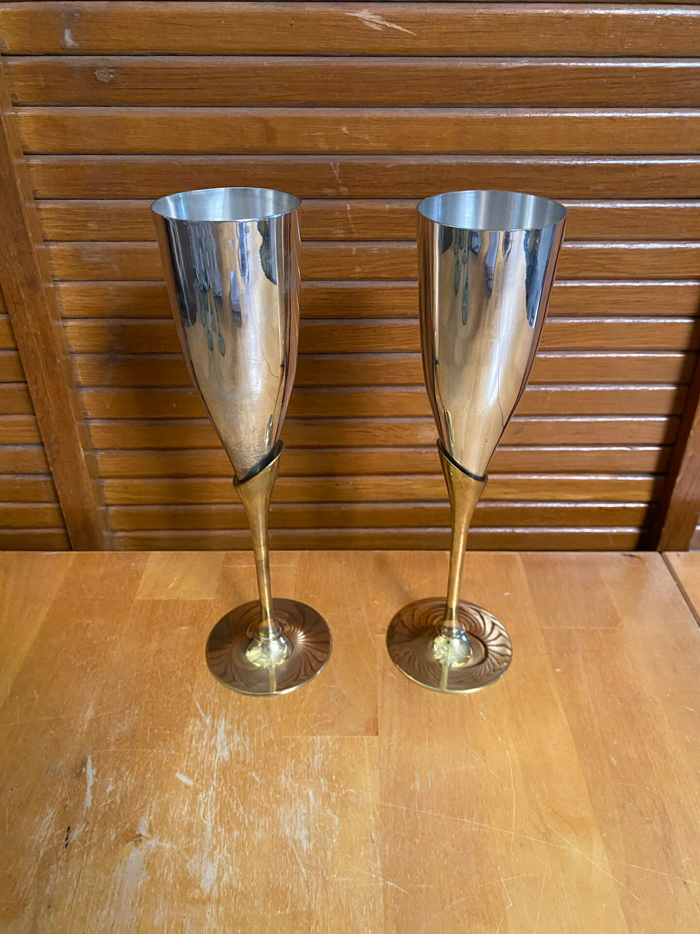 Paire Flûte Champagne Métal Chromé + Doré Vintage #E368