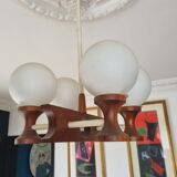 1960s Scandinavian chandelier, teak and white opaline.