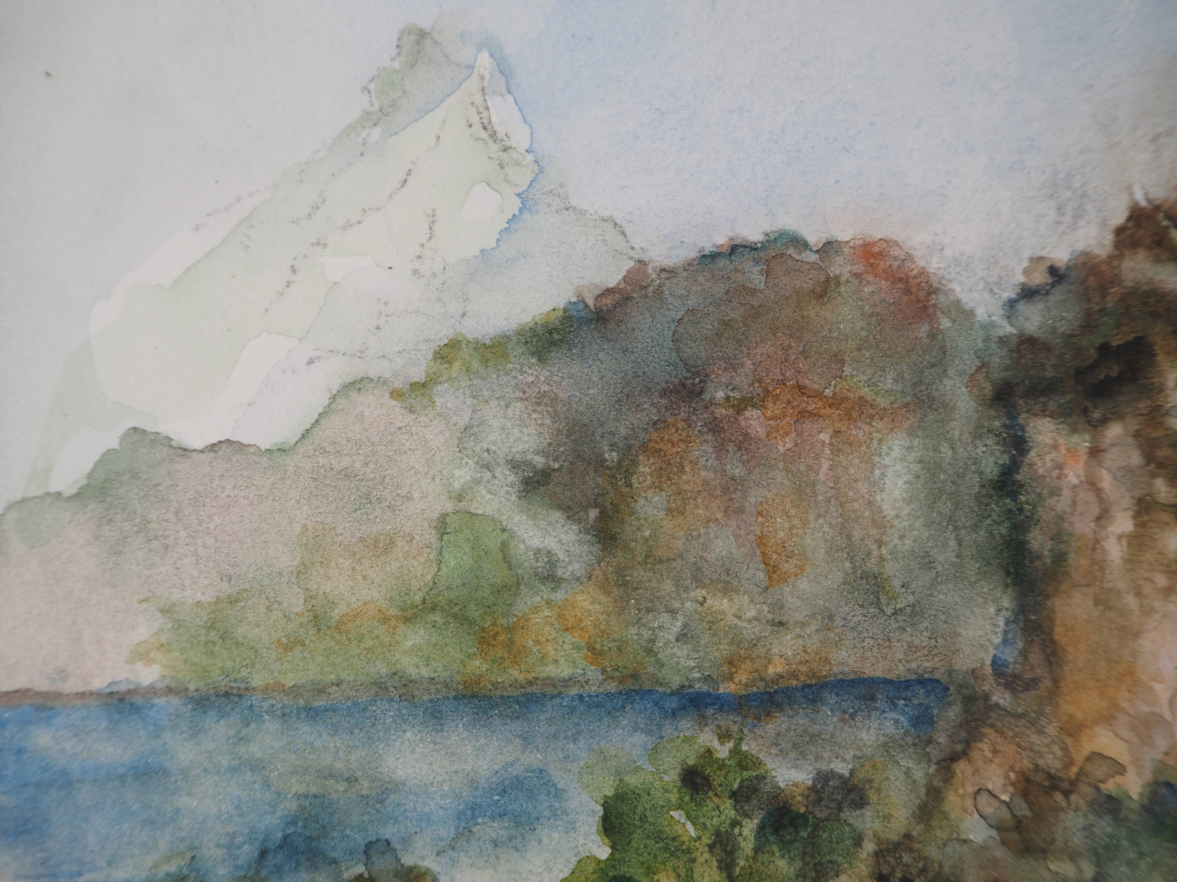 Gilbert Pastor: Snowy summit behind a hill, original signed watercolor