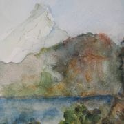 Gilbert Pastor: Snowy summit behind a hill, original signed watercolor