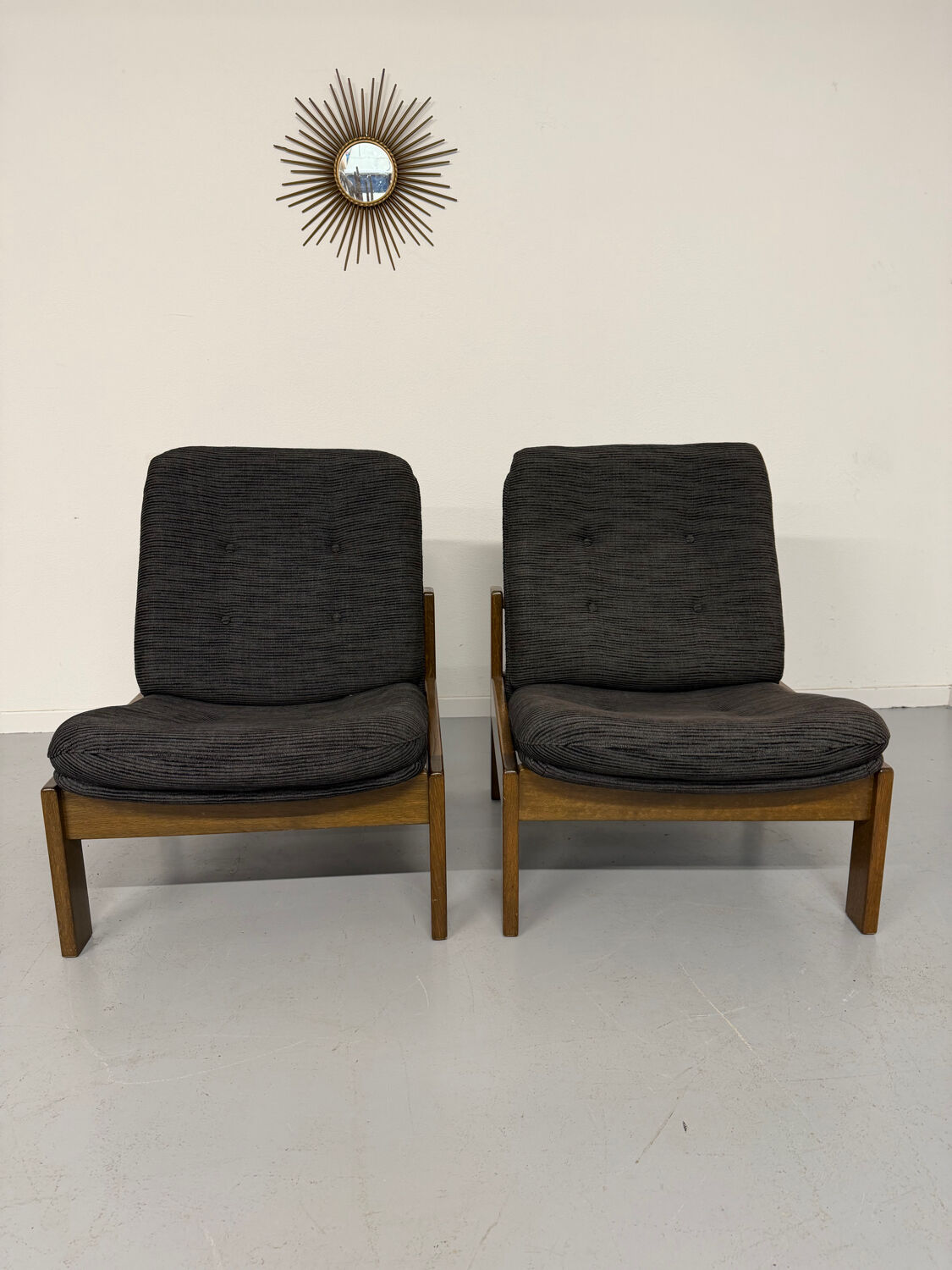 Lot of 2 adjustable wooden fabric chairs, Scandinavian design, vintage 1970s.
