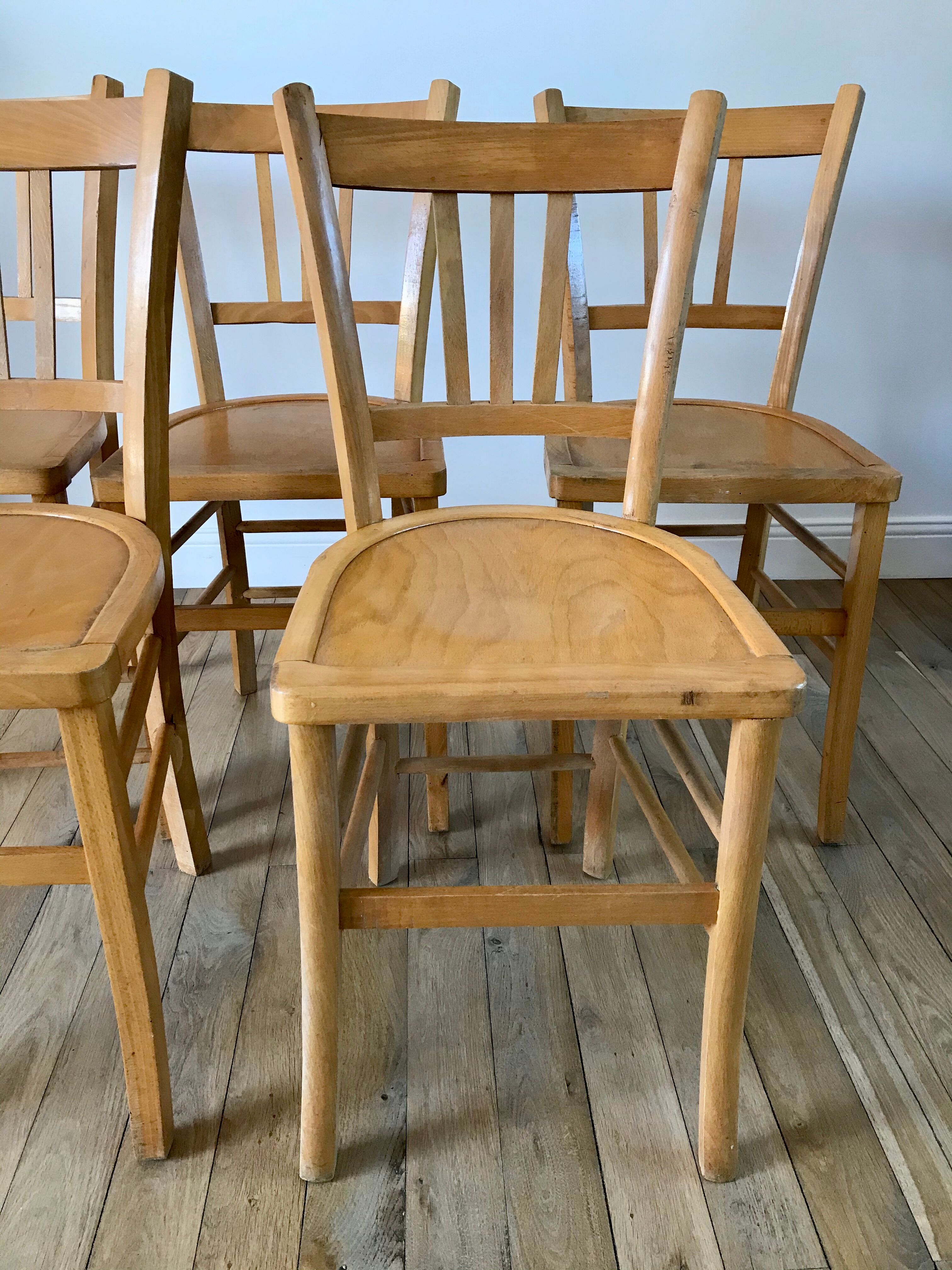 Set of 5 Luterma light blond wood bistro chairs from the 50s