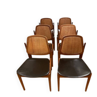 6 Danish chairs in teak, caning and leather, model FD 187 by Arne Vodder.