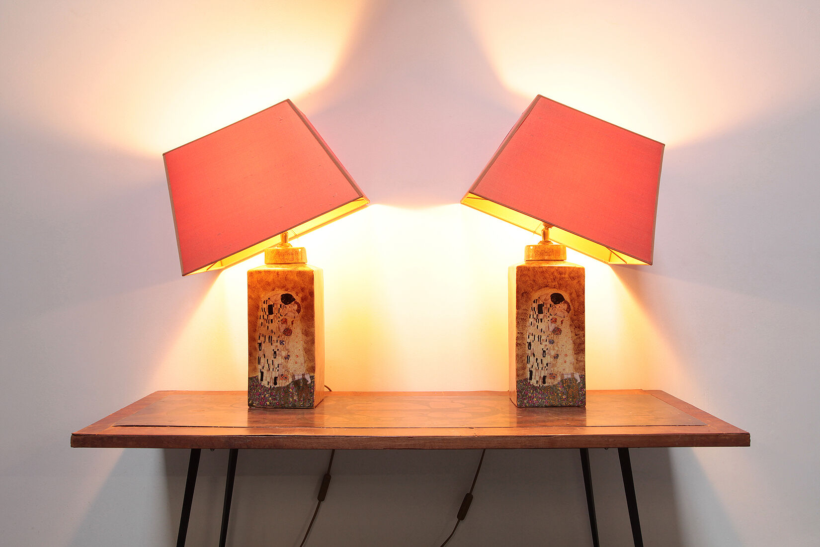 Set of two handmade ceramic gustav klimt table lamps, 80s