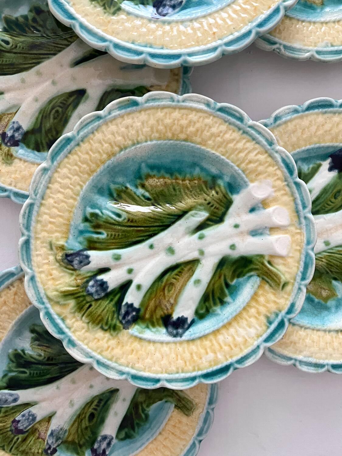 6 antique asparagus plates in Salins faience barbotine