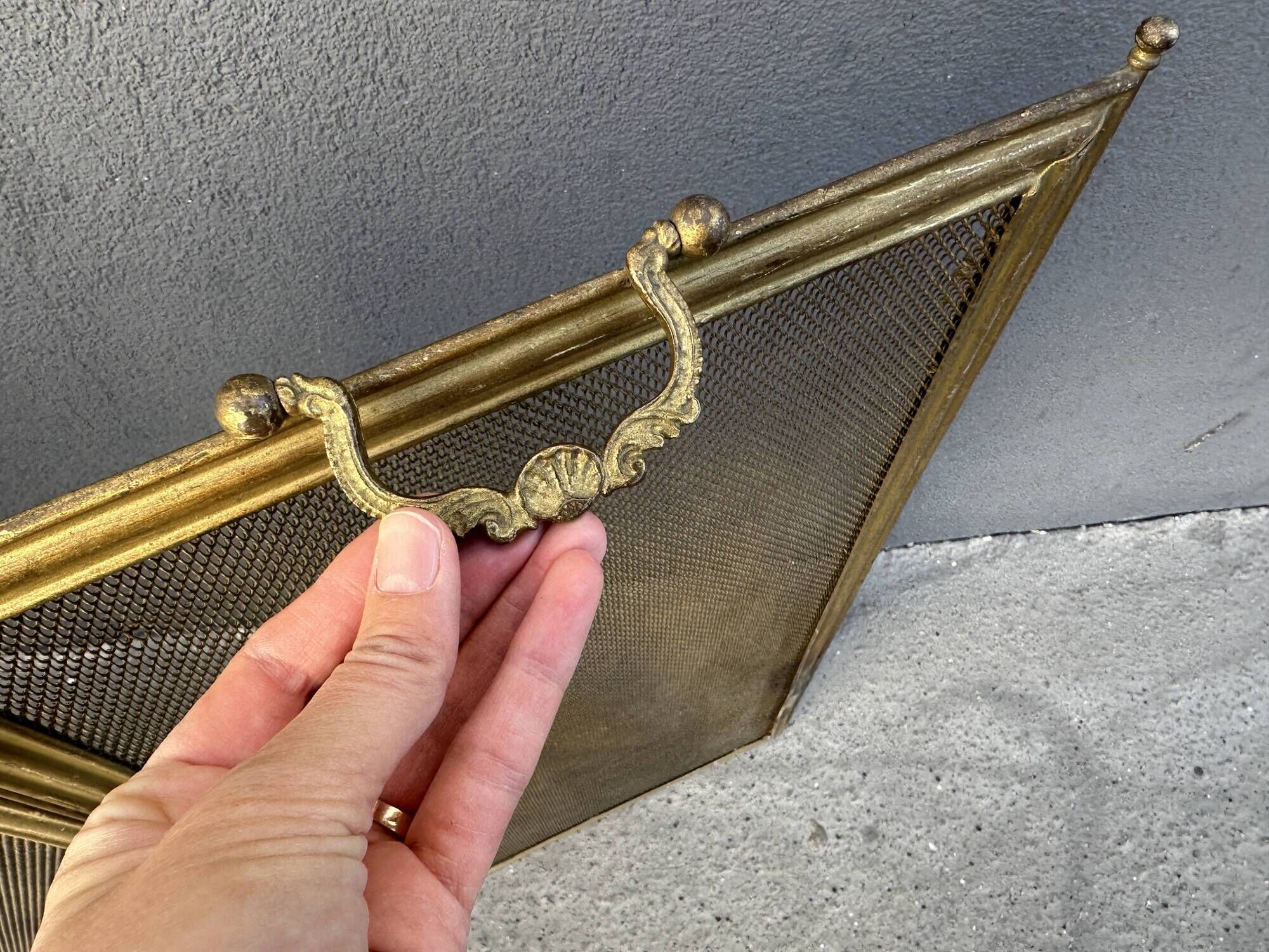 Antique 19th-century fireplace screen, French gilded spark guard.