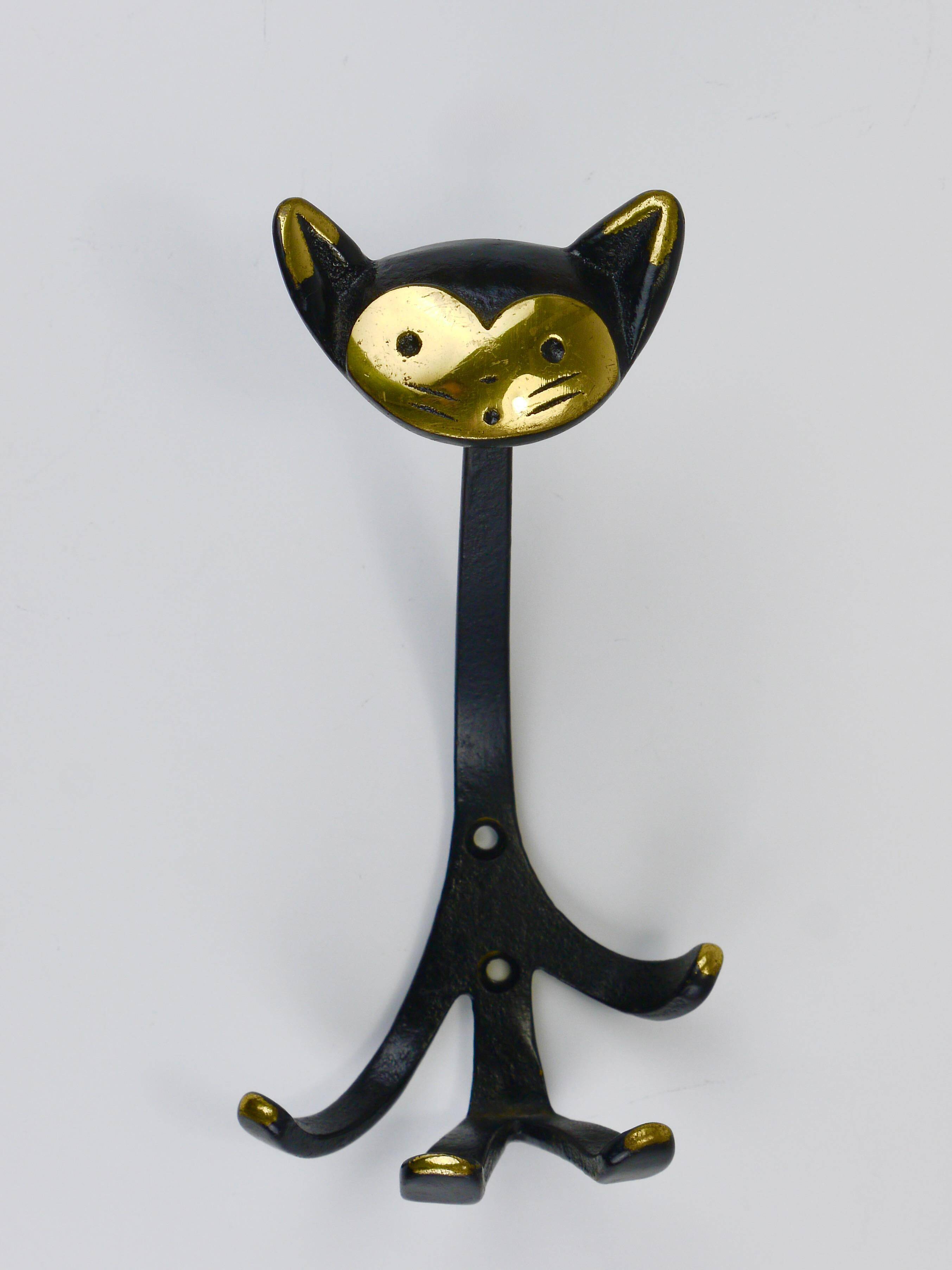Animal wall hook in brass by Walter Bosse, Cat Zoo by Herta Baller, Austria, 1950s.