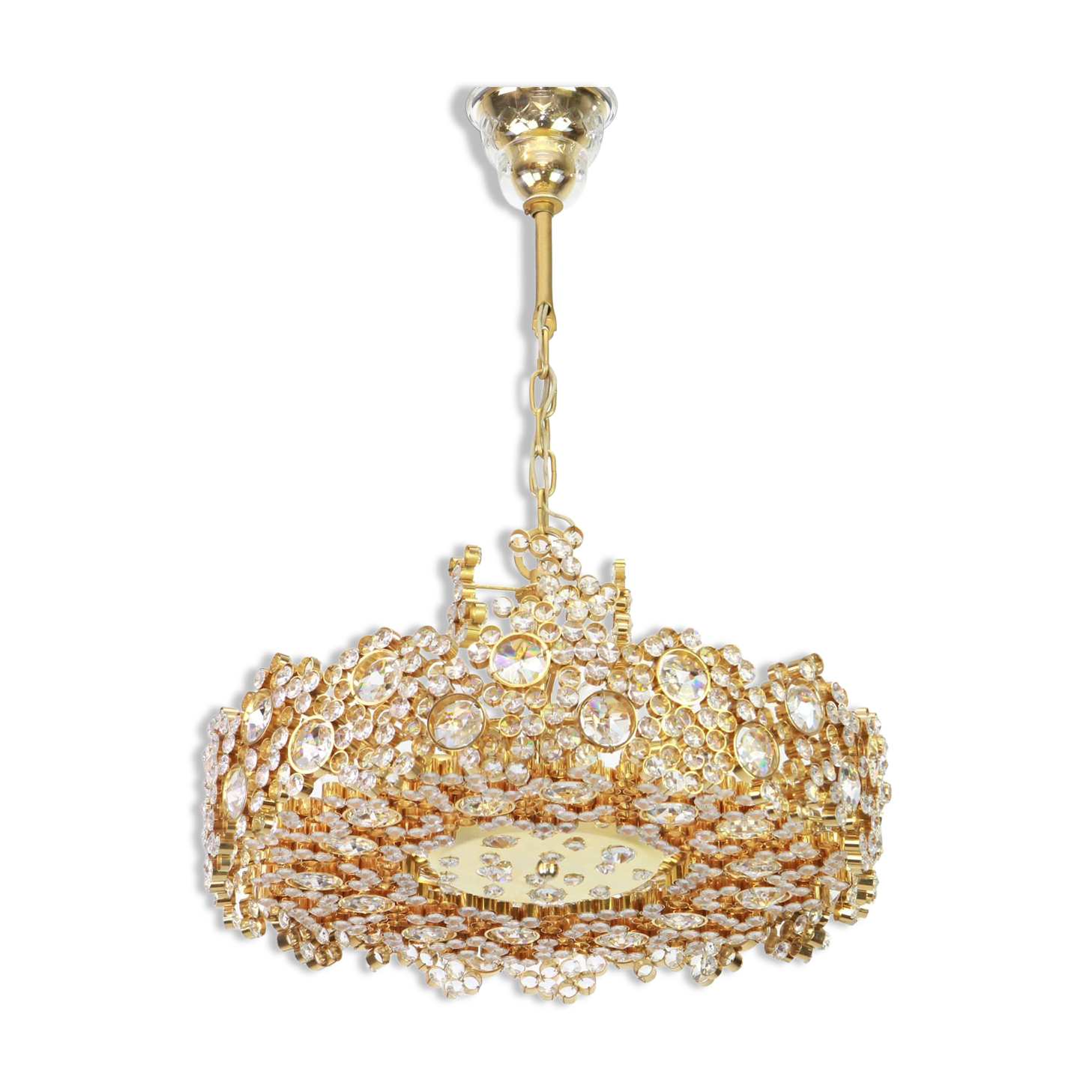 Golden brass chandelier with crystal glass inlays by Palwa, Germany, 1970s.
