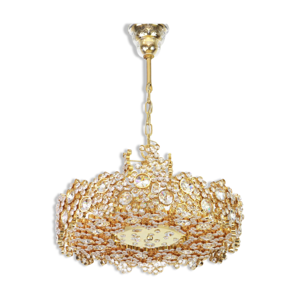 Lustre en laiton doré et verre cristallin incrustés par Palwa, Allemagne, années 1970 — Beyit