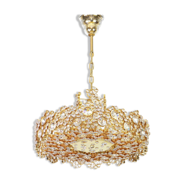 Golden brass chandelier with crystal glass inlays by Palwa, Germany, 1970s.